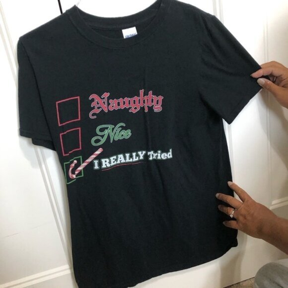 Naughty or nice Black Graphic Tee with Holiday Print - Picture 1 of 4